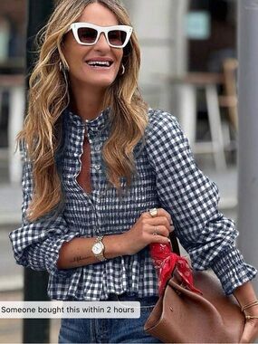 SHEIN Navy & White Gingham Smocked Peplum Blouse
